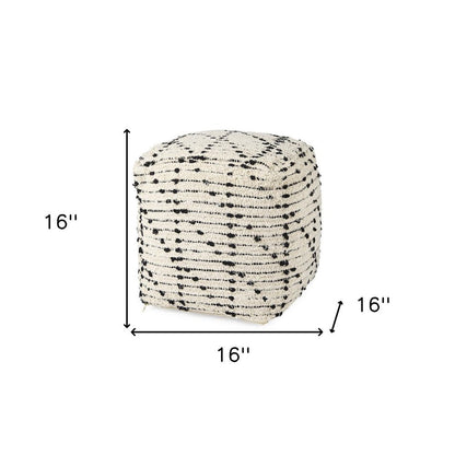 16" Cream And Black Cotton Geometric Cube Pouf Ottoman HomeRoots