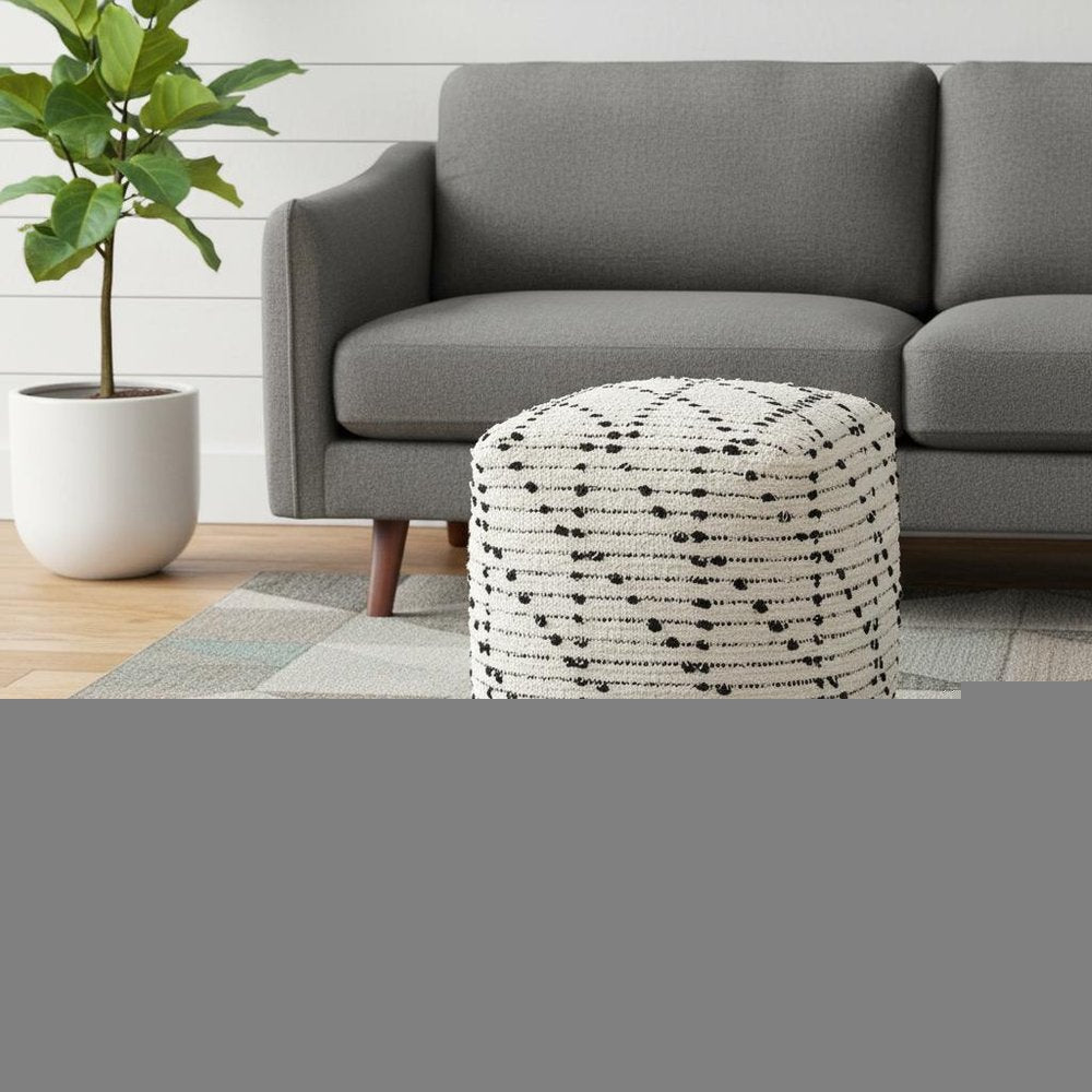16" Cream And Black Cotton Geometric Cube Pouf Ottoman HomeRoots