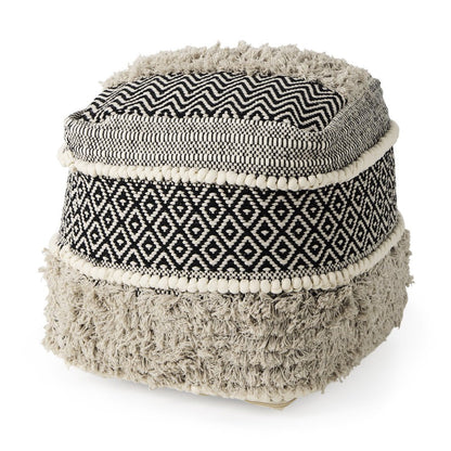 16" Black Gray and White Cotton Geometric Pouf Ottoman HomeRoots