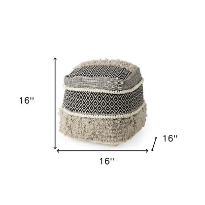 16" Black Gray and White Cotton Geometric Pouf Ottoman HomeRoots