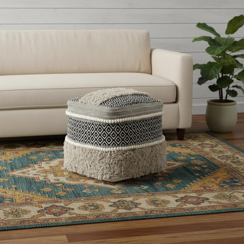 16" Black Gray and White Cotton Geometric Pouf Ottoman HomeRoots