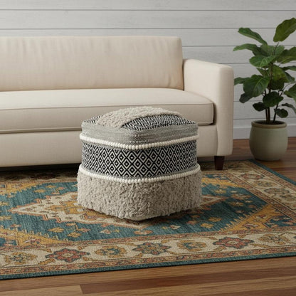 16" Black Gray and White Cotton Geometric Pouf Ottoman HomeRoots