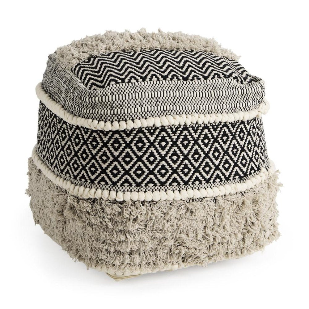 16" Black Gray and White Cotton Geometric Pouf Ottoman HomeRoots
