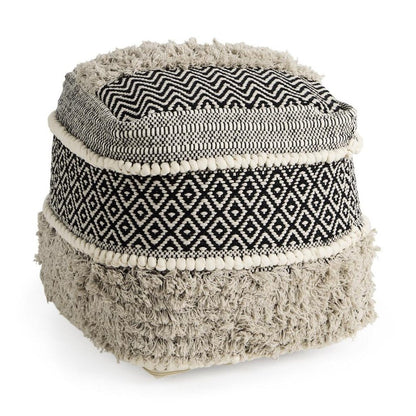 16" Black Gray and White Cotton Geometric Pouf Ottoman HomeRoots