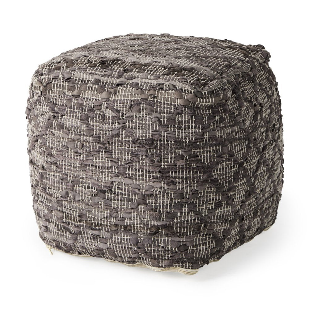 16" Brown and Gray Cotton And Leather Geometric Cube Pouf Ottoman HomeRoots