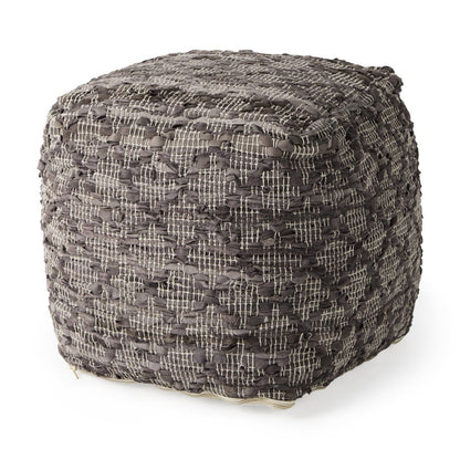 16" Brown and Gray Cotton And Leather Geometric Cube Pouf Ottoman HomeRoots