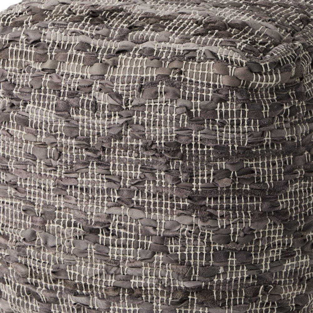 16" Brown and Gray Cotton And Leather Geometric Cube Pouf Ottoman HomeRoots