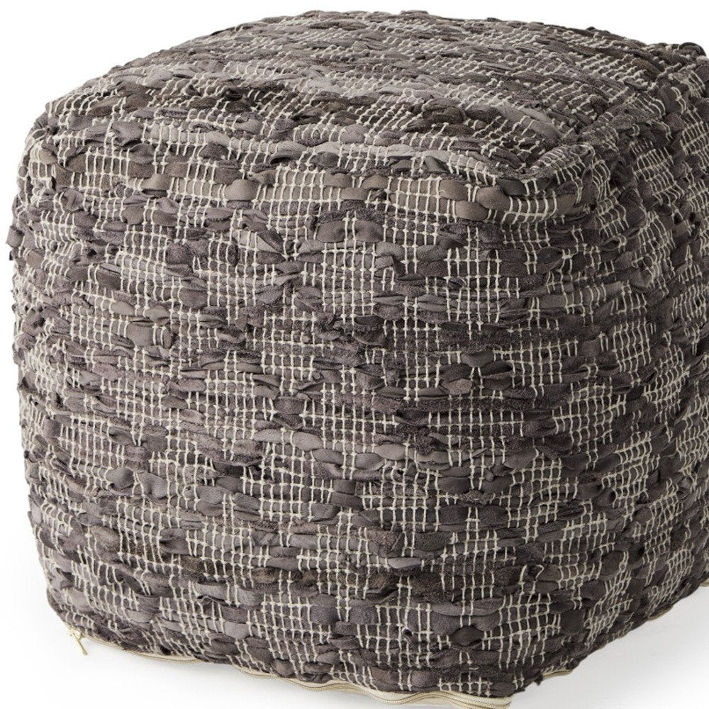 16" Brown and Gray Cotton And Leather Geometric Cube Pouf Ottoman HomeRoots