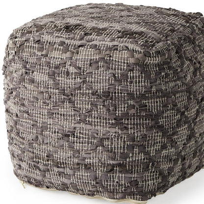 16" Brown and Gray Cotton And Leather Geometric Cube Pouf Ottoman HomeRoots