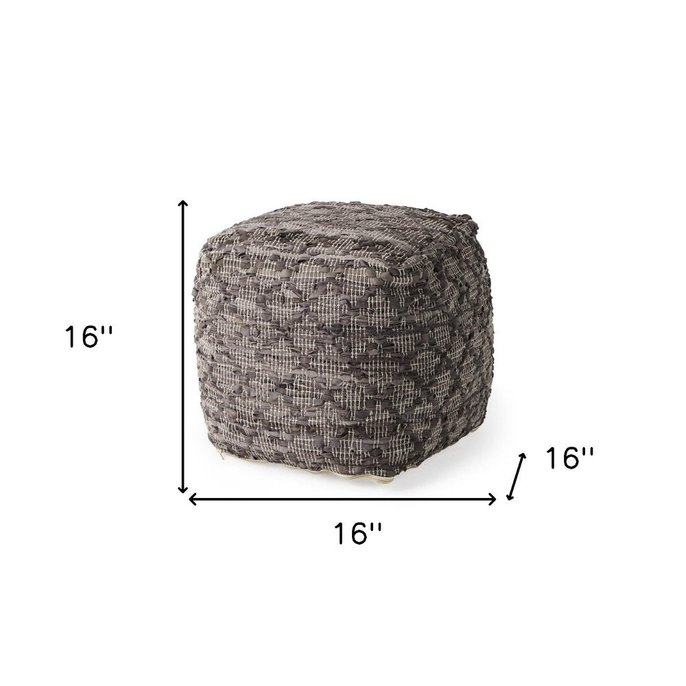 16" Brown and Gray Cotton And Leather Geometric Cube Pouf Ottoman HomeRoots