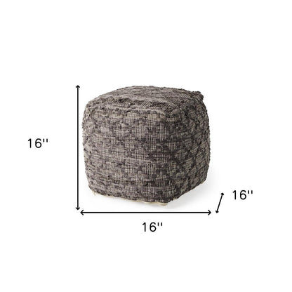 16" Brown and Gray Cotton And Leather Geometric Cube Pouf Ottoman HomeRoots