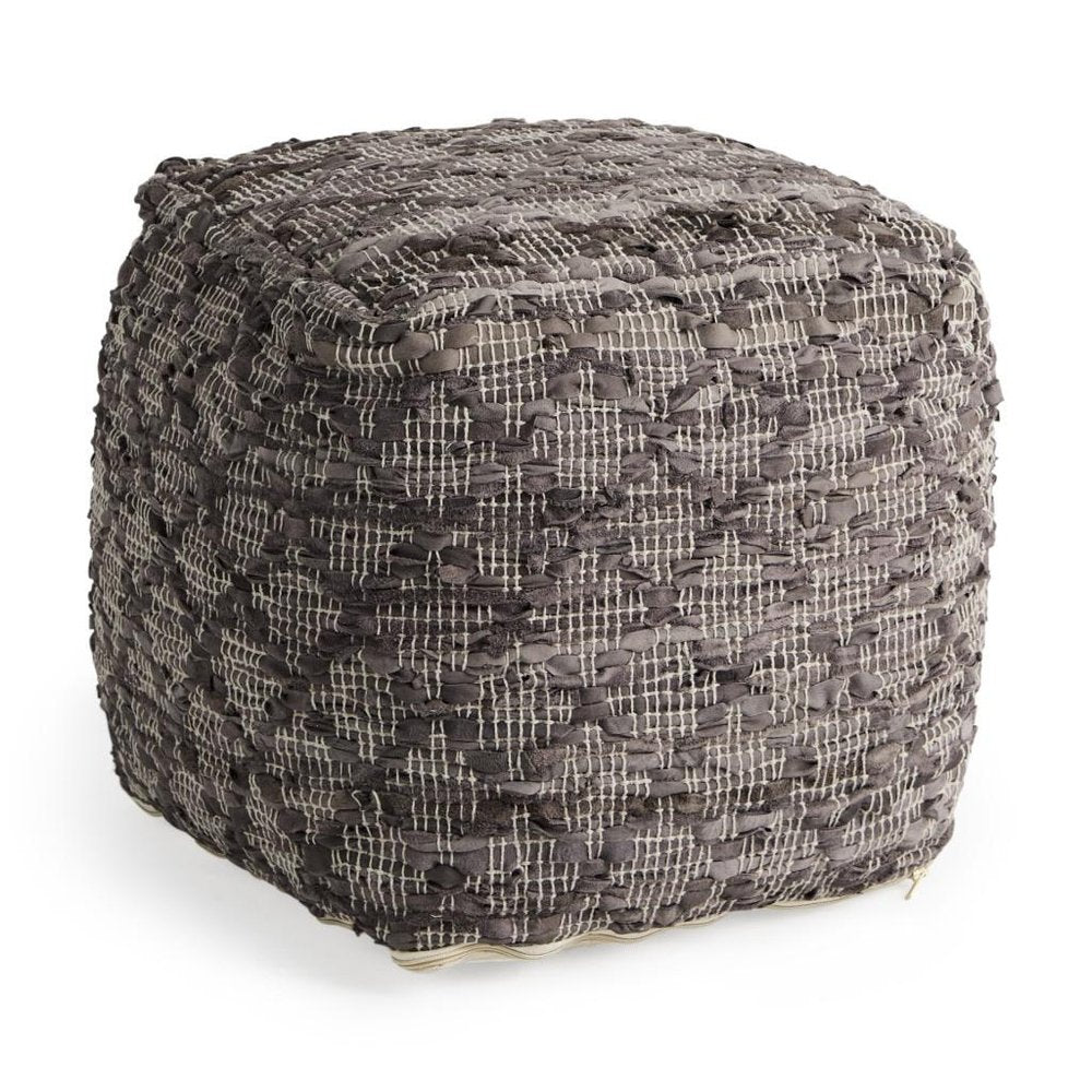 16" Brown and Gray Cotton And Leather Geometric Cube Pouf Ottoman HomeRoots