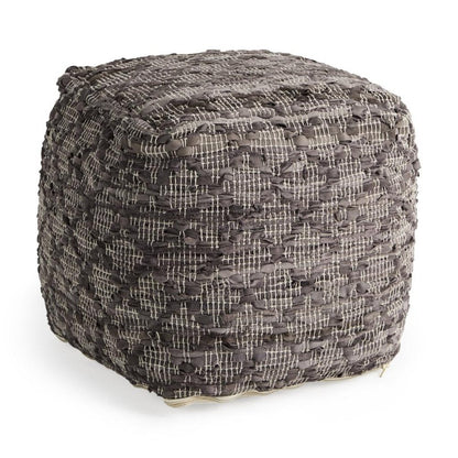 16" Brown and Gray Cotton And Leather Geometric Cube Pouf Ottoman HomeRoots