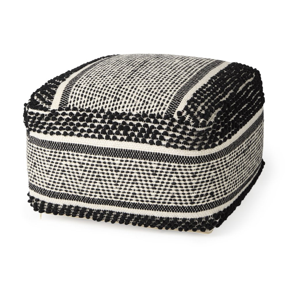 22" Black and White Cotton And Wool Geometric Pouf Ottoman HomeRoots