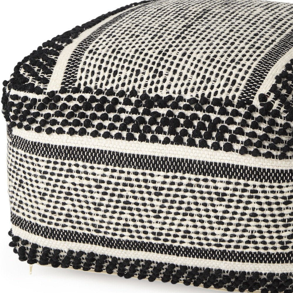 22" Black and White Cotton And Wool Geometric Pouf Ottoman HomeRoots