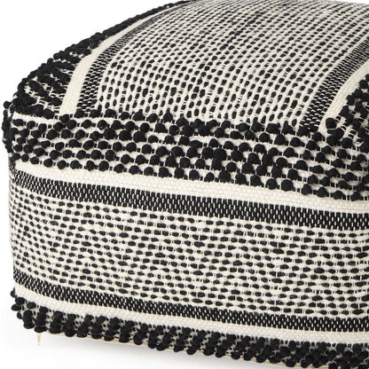 22" Black and White Cotton And Wool Geometric Pouf Ottoman HomeRoots