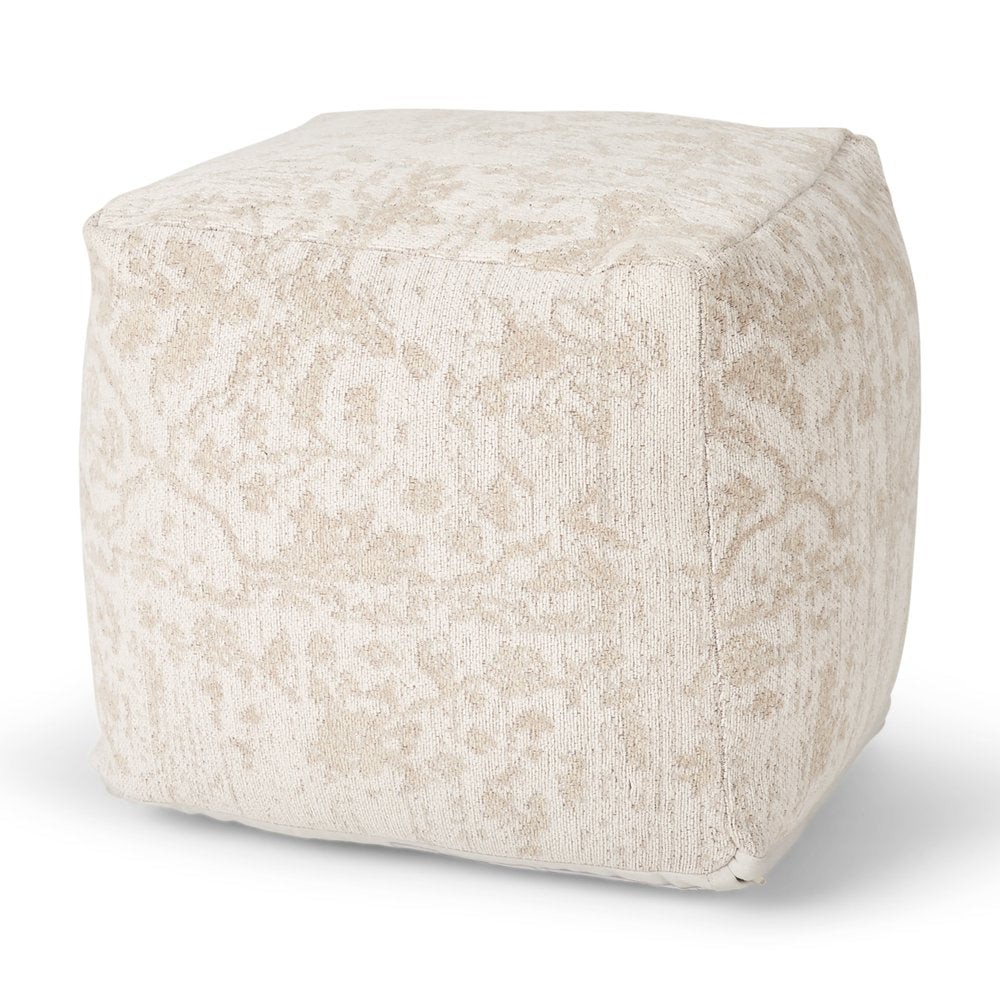 18" Cream and Beige Fabric Damask Pouf Ottoman HomeRoots