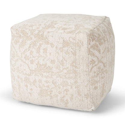 18" Cream and Beige Fabric Damask Pouf Ottoman HomeRoots