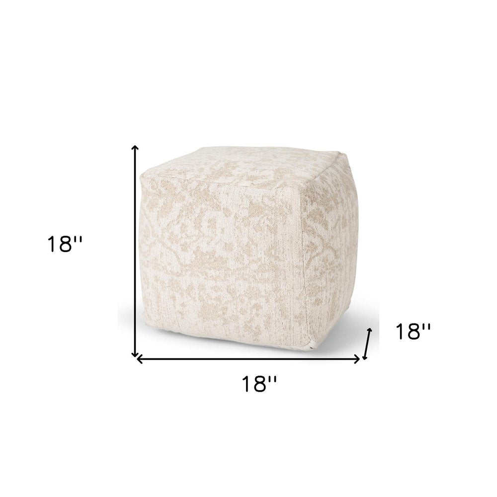 18" Cream and Beige Fabric Damask Pouf Ottoman HomeRoots