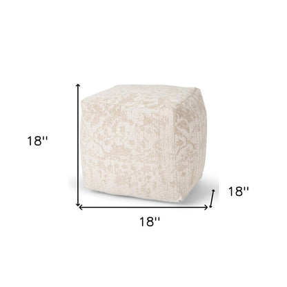 18" Cream and Beige Fabric Damask Pouf Ottoman HomeRoots