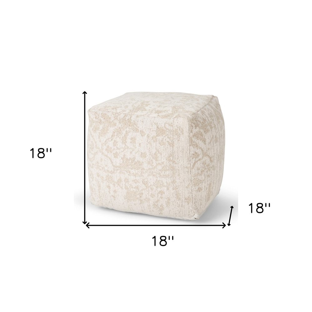 18" Cream and Beige Fabric Damask Pouf Ottoman HomeRoots