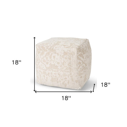 18" Cream and Beige Fabric Damask Pouf Ottoman HomeRoots