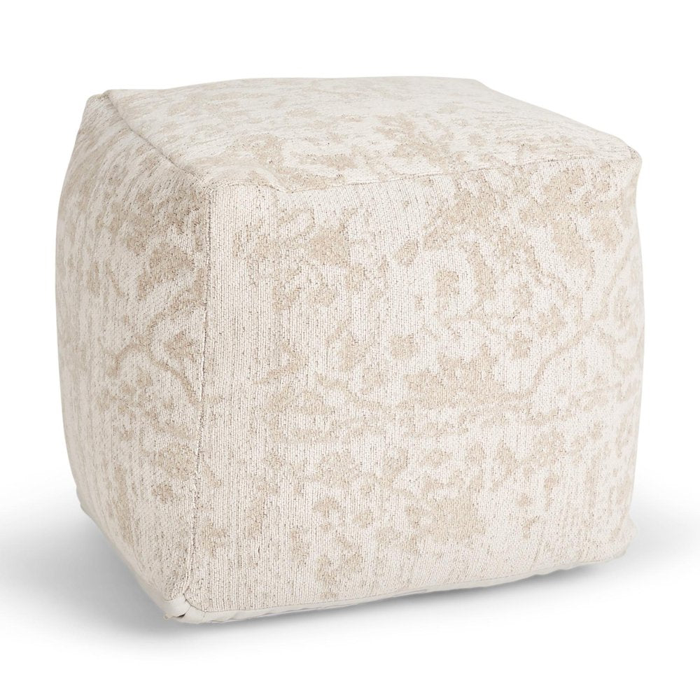 18" Cream and Beige Fabric Damask Pouf Ottoman HomeRoots
