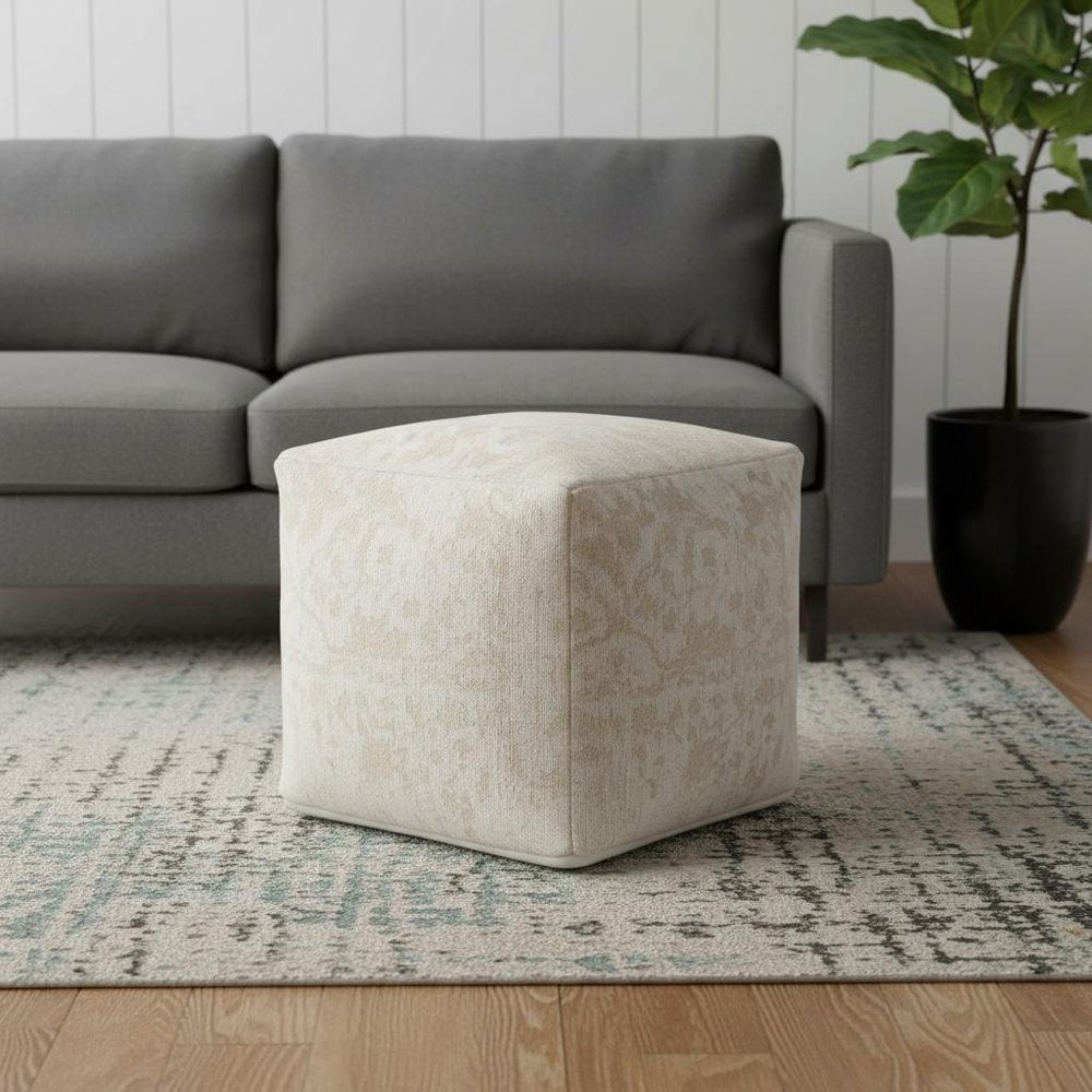 18" Cream and Beige Fabric Damask Pouf Ottoman HomeRoots