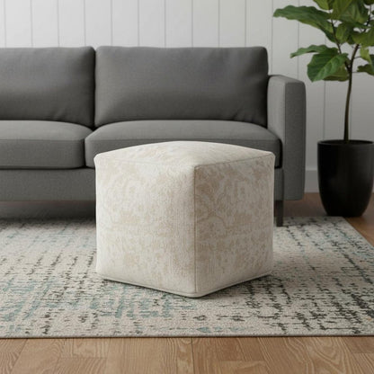 18" Cream and Beige Fabric Damask Pouf Ottoman HomeRoots