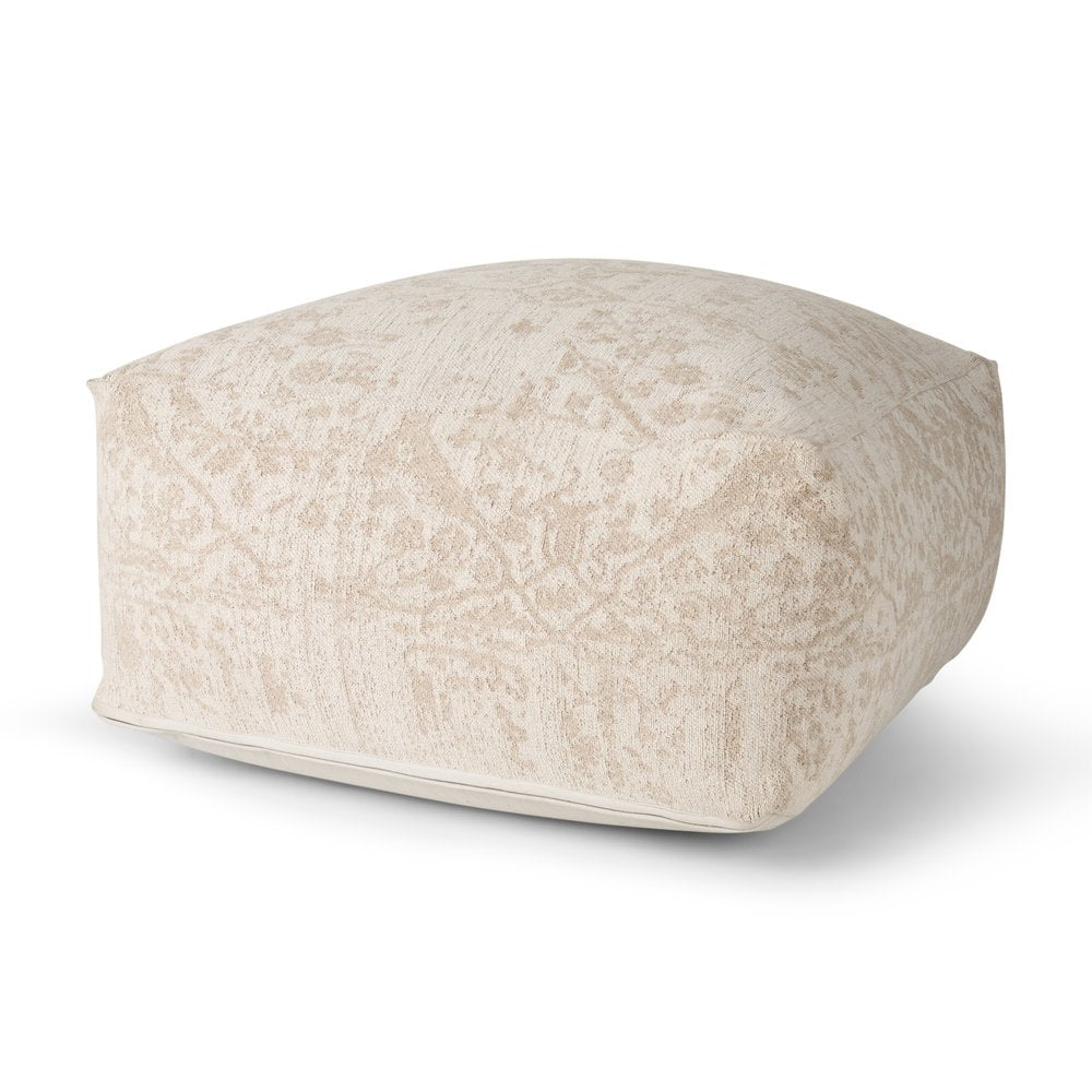 36" Beige and Cream Chenille Damask Pouf Ottoman HomeRoots