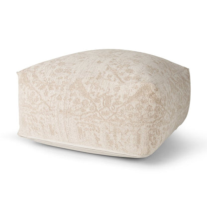 36" Beige and Cream Chenille Damask Pouf Ottoman HomeRoots