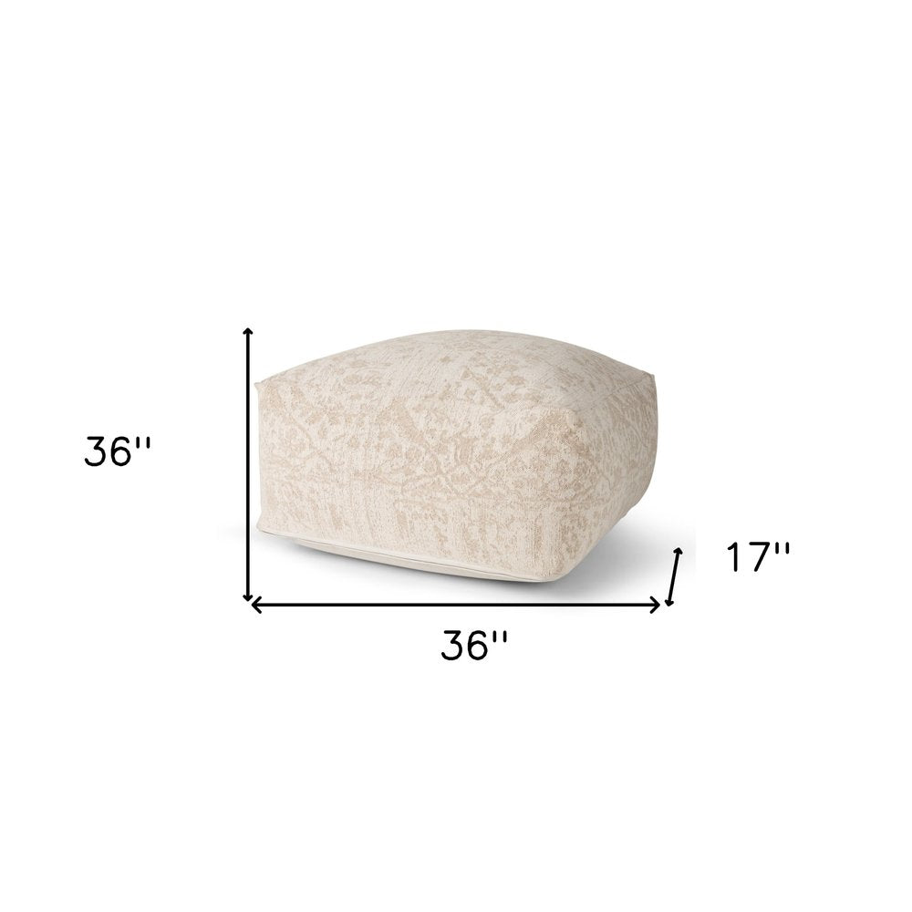 36" Beige and Cream Chenille Damask Pouf Ottoman HomeRoots