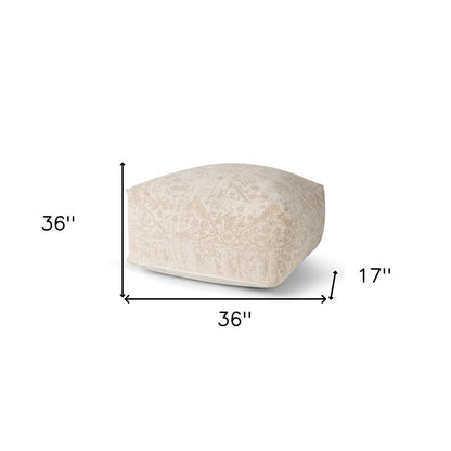 36" Beige and Cream Chenille Damask Pouf Ottoman HomeRoots