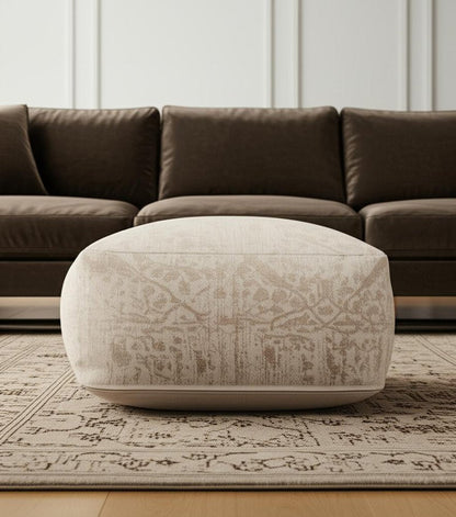 36" Beige and Cream Chenille Damask Pouf Ottoman HomeRoots