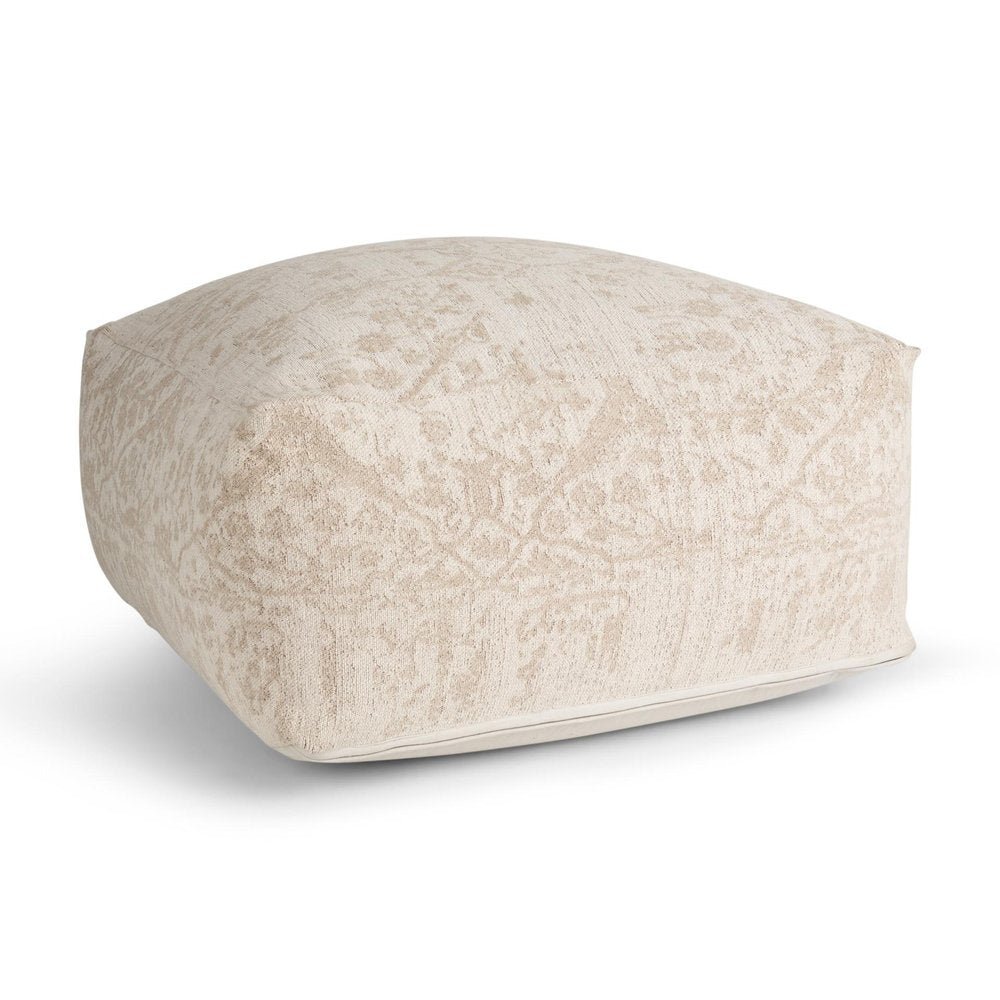 36" Beige and Cream Chenille Damask Pouf Ottoman HomeRoots