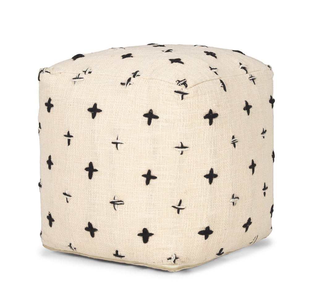 16" Cream And Black Wool Polka Dots Cube Pouf Ottoman HomeRoots