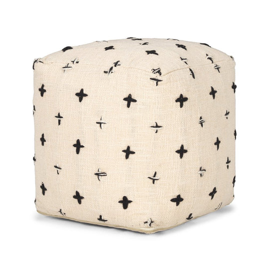16" Cream And Black Wool Polka Dots Cube Pouf Ottoman HomeRoots