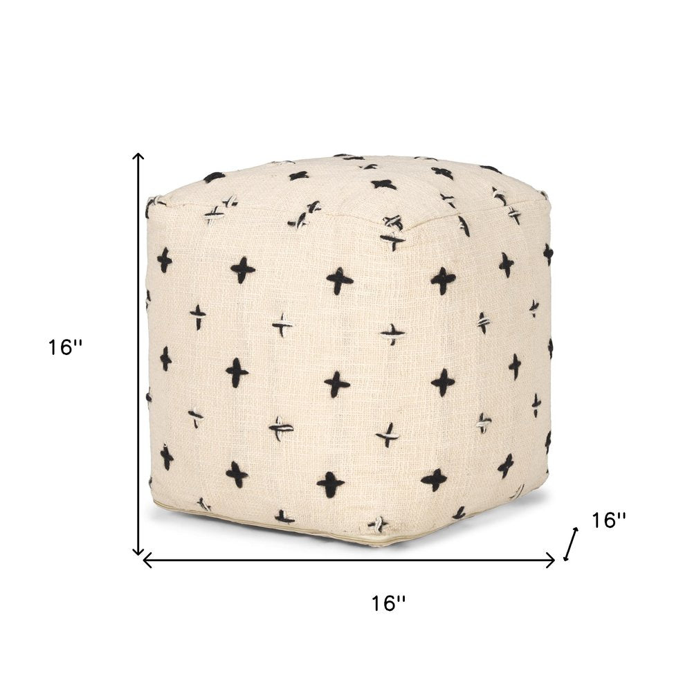 16" Cream And Black Wool Polka Dots Cube Pouf Ottoman HomeRoots