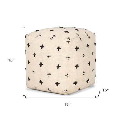 16" Cream And Black Wool Polka Dots Cube Pouf Ottoman HomeRoots