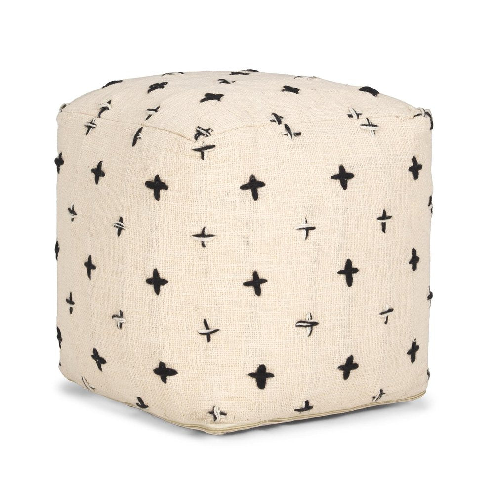 16" Cream And Black Wool Polka Dots Cube Pouf Ottoman HomeRoots