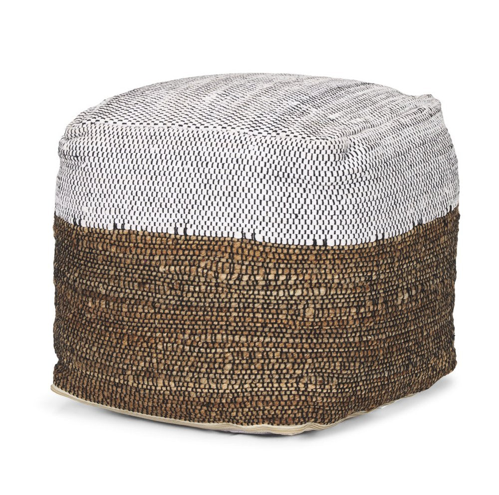 16" White Black And Natural Cotton And Jute Color Block Cube Pouf Ottoman HomeRoots