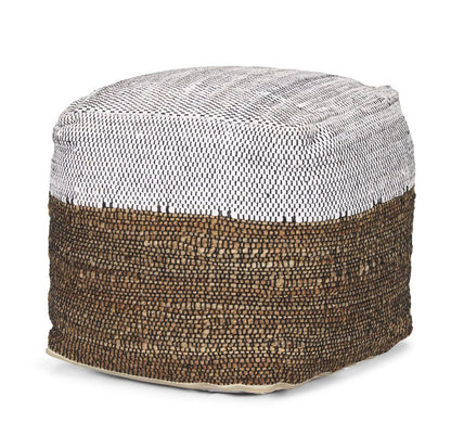 16" White Black And Natural Cotton And Jute Color Block Cube Pouf Ottoman HomeRoots