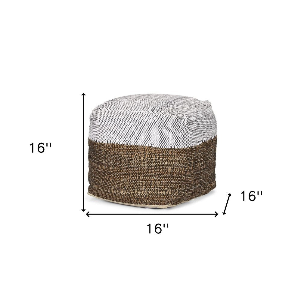 16" White Black And Natural Cotton And Jute Color Block Cube Pouf Ottoman HomeRoots