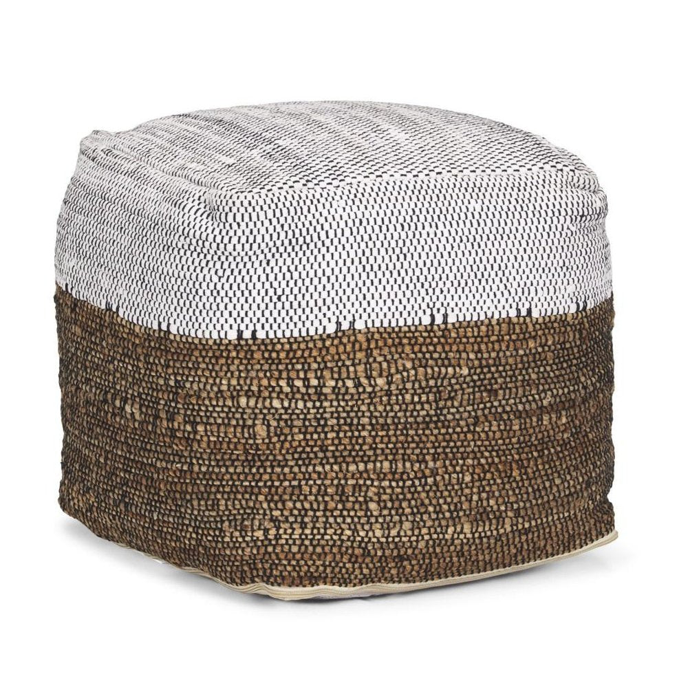 16" White Black And Natural Cotton And Jute Color Block Cube Pouf Ottoman HomeRoots