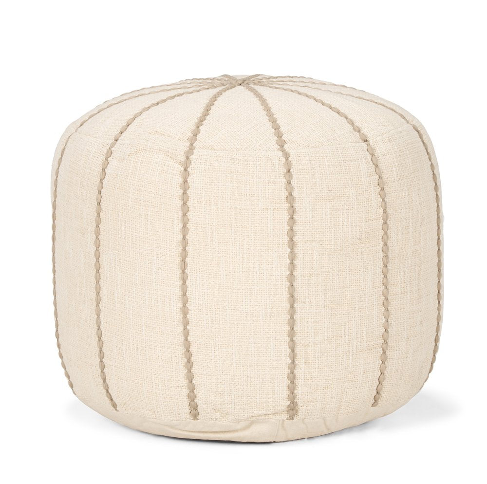 18" Beige and Taupe Fabric Striped Round Pouf Ottoman HomeRoots
