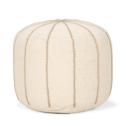 18" Beige and Taupe Fabric Striped Round Pouf Ottoman HomeRoots
