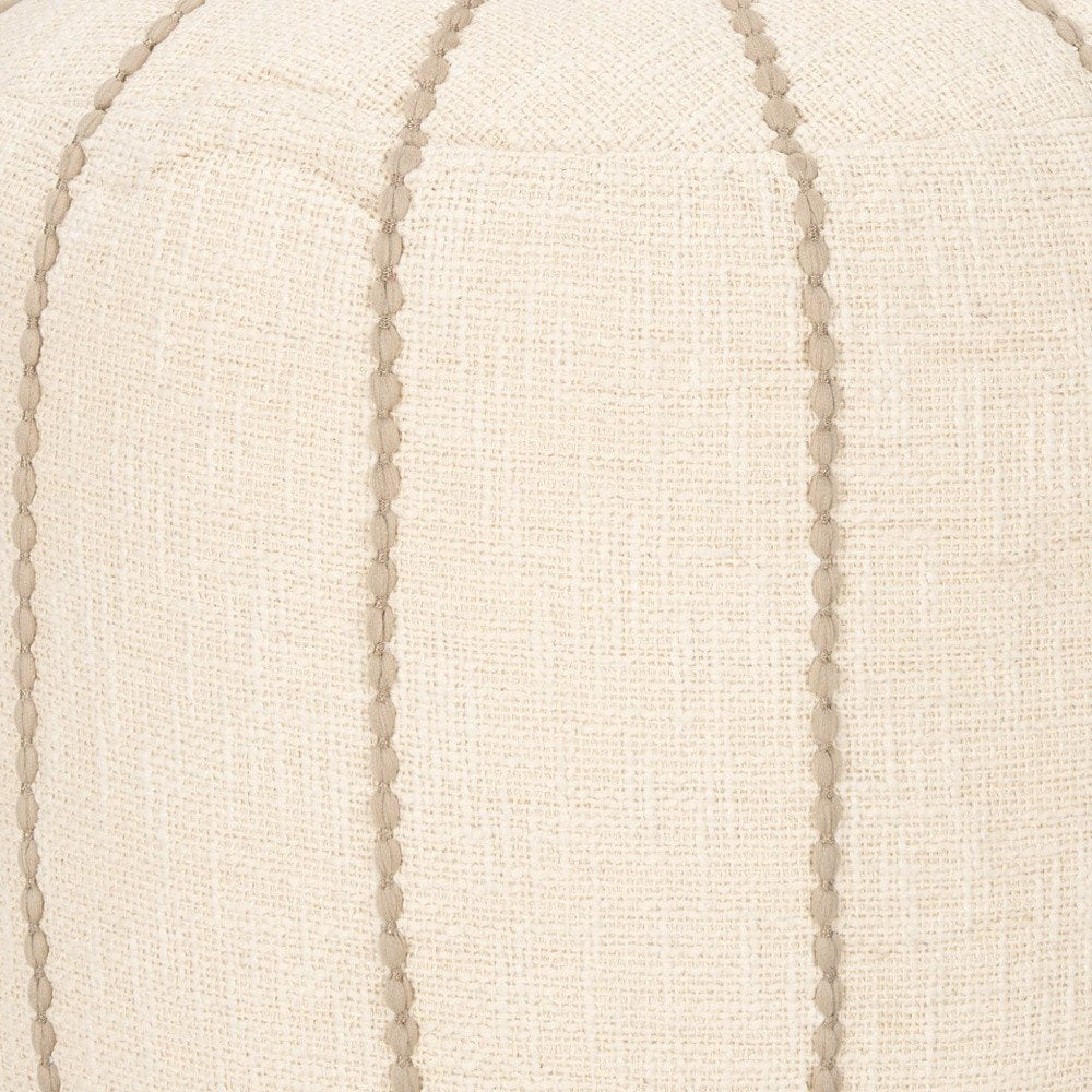 18" Beige and Taupe Fabric Striped Round Pouf Ottoman HomeRoots