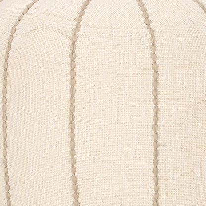 18" Beige and Taupe Fabric Striped Round Pouf Ottoman