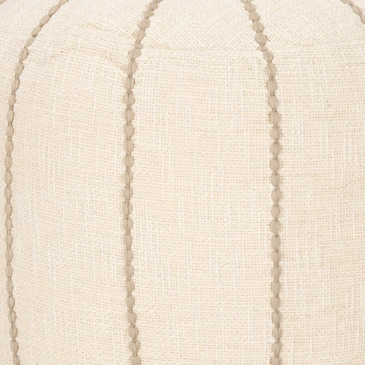 18" Beige and Taupe Fabric Striped Round Pouf Ottoman