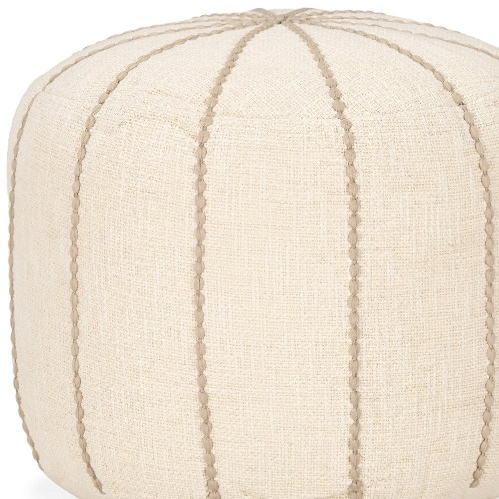 18" Beige and Taupe Fabric Striped Round Pouf Ottoman HomeRoots